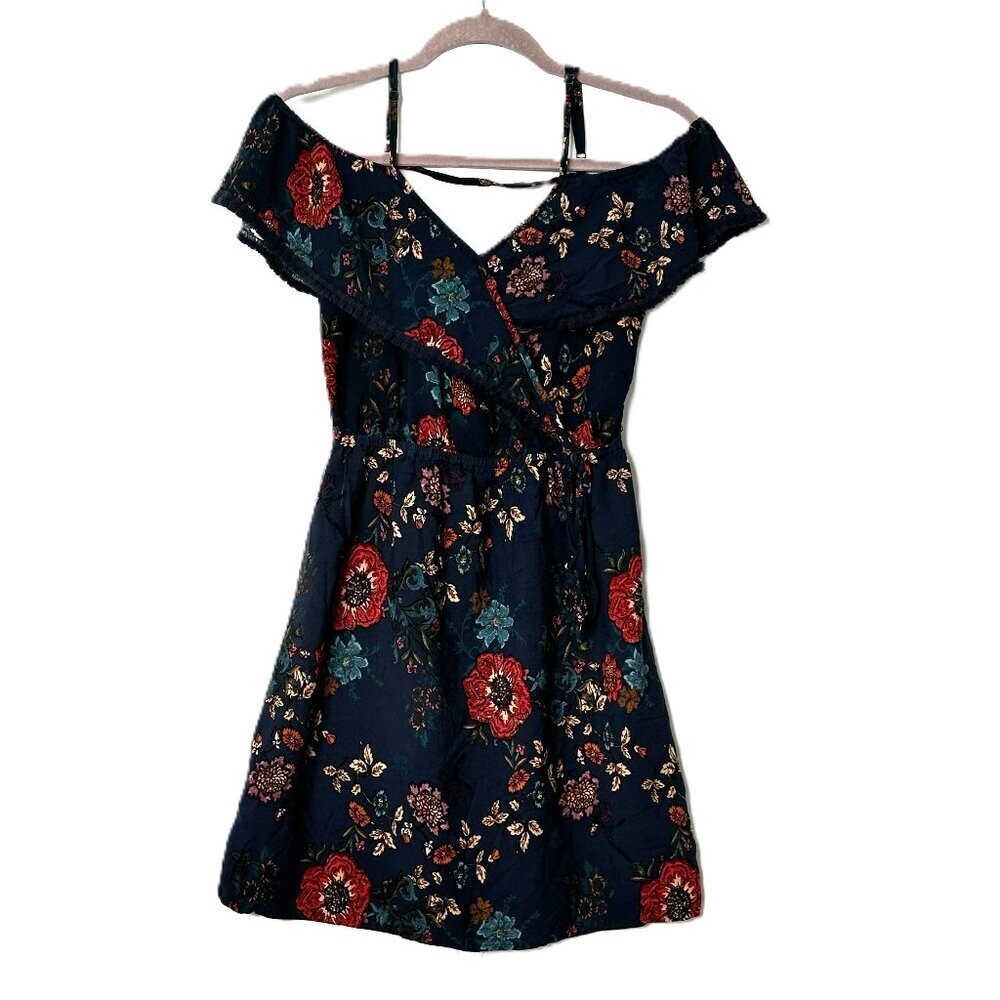 Navy Blue and Floral Spaghetti Strap With Short Sleeve Mini Dress Size Medium